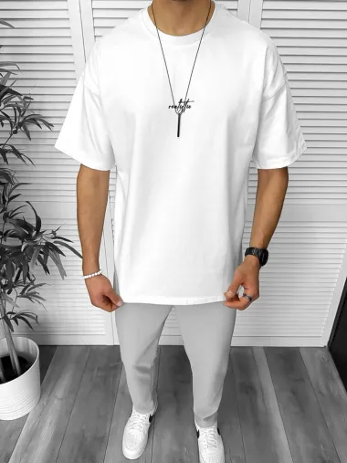 Tricou barbati alb, cu imprimeu pe spate, oversize Y250 D2-2.3