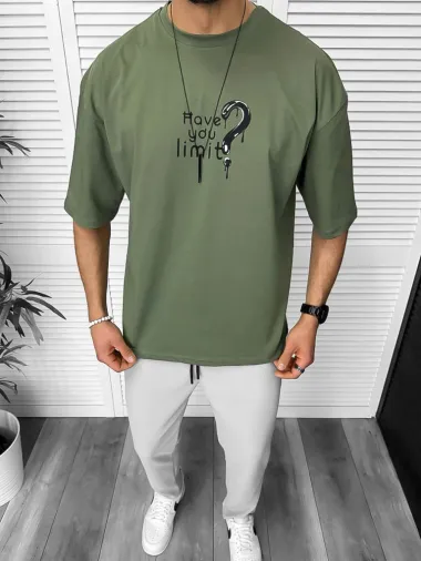 Tricou barbati kaki, cu imprimeu pe spate, oversize 11818 O5-6.1