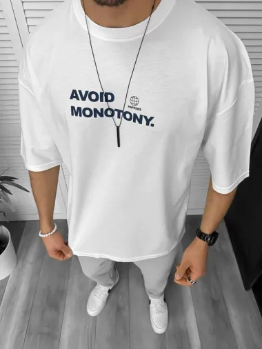 Tricou barbati alb, cu imprimeu pe spate, oversize 11819 O1-3.3