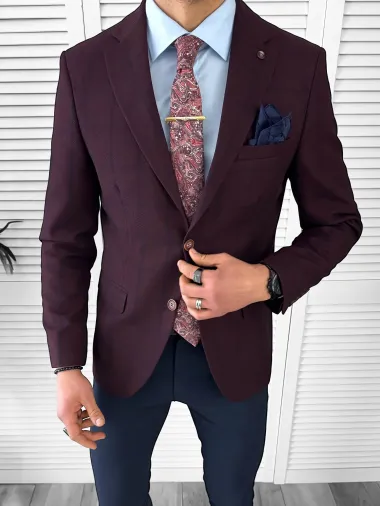 Sacou barbati slim fit, grena cu carouri, 3562