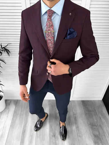 Sacou barbati slim fit, grena cu carouri, 3562