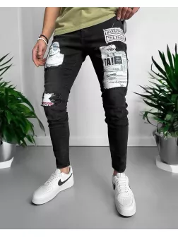 Blugi barbati conici negri cu stikere 1425 H5-5 Blugi barbati conici negri cu stikere 1425 H5-5