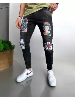 Blugi barbati conici negri cu stikere 1452 G4-3*