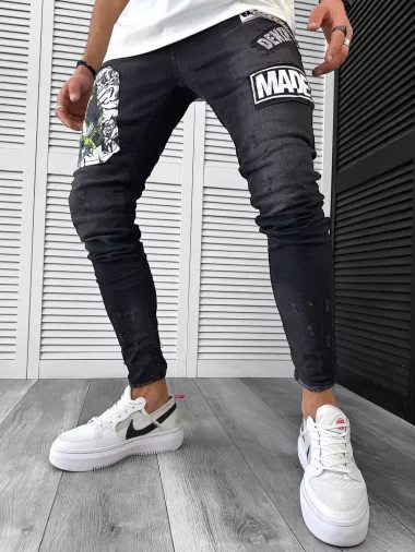 Blugi barbati conici negri cu stikere 1288 G2-5