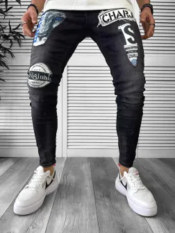 Blugi barbati conici negri cu stikere 1442 O2-2.2