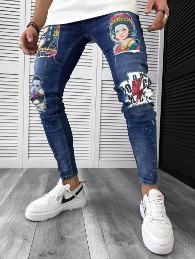 Blugi barbati conici albasatri cu stikere 1446 H3-5