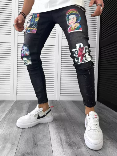 Blugi barbati conici negri cu stikere 1452 G4-3*