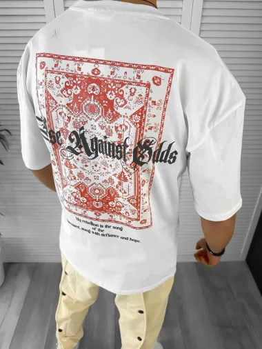 Tricou barbati alb, cu imprimeu pe spate, oversize 13045 O6-6.1