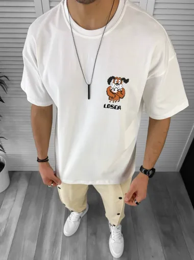 Tricou barbati alb, cu imprimeu pe spate, oversize Y043 O5-6.3