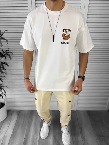 Tricou barbati alb, cu imprimeu pe spate, oversize Y043 O5-6.3