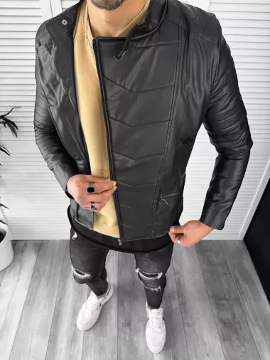 Geaca barbati neagra piele ecologica B3031 Z23 T5-1