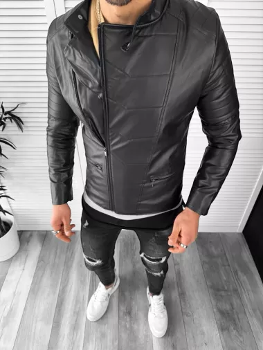 Geaca barbati neagra piele ecologica B3031 Z23 T5-1