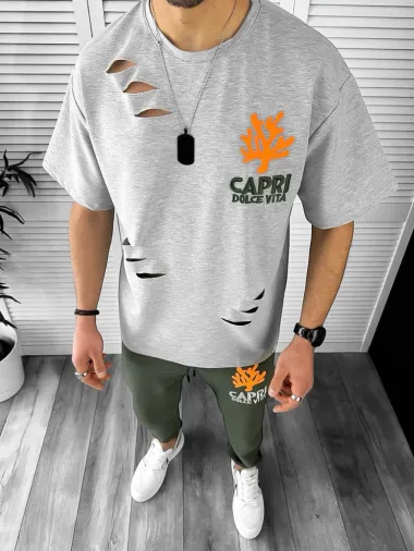 Trening barbati gri/kaki pantaloni + tricou oversize 13029 O4-1.2*