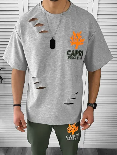 Trening barbati gri/kaki pantaloni + tricou oversize 13029 O4-1.2*