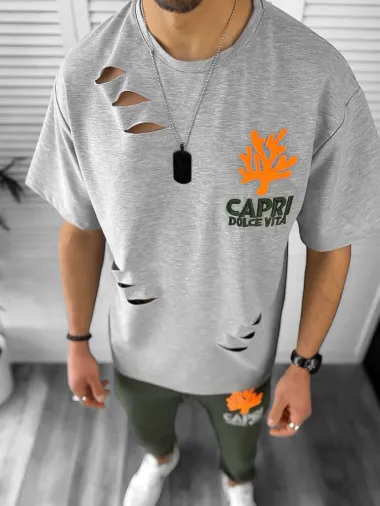 Trening barbati gri/kaki pantaloni + tricou oversize 13029 O4-1.2*