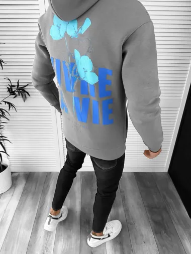 Hanorac barbati slim fitcu imprimeu pe spate, gri, 3066 P19-1.3