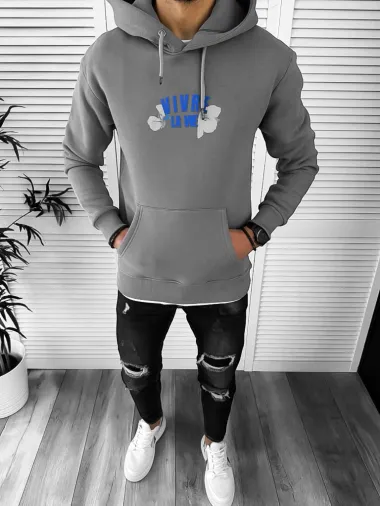 Hanorac barbati slim fitcu imprimeu pe spate, gri, 3066 P19-1.3