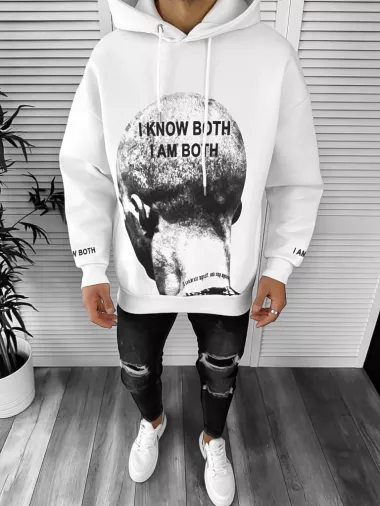 Hanorac barbati alb cu imprimeu slim fit k198 46-2