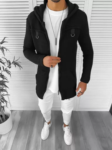 Cardigan barbati negru cu gluga slim fit ZR T3615 P19-4.3