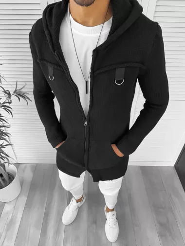 Cardigan barbati negru cu gluga slim fit ZR T3615 P19-4.3