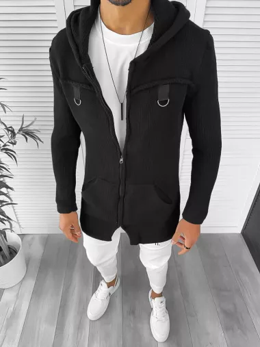 Cardigan barbati negru cu gluga slim fit ZR T3615 P19-4.3