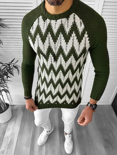 Pulover barbati gros slim fit kaki T3613 100-2