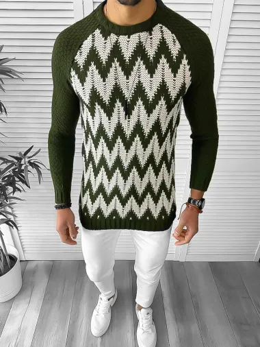 Pulover barbati gros slim fit kaki T3613 100-2