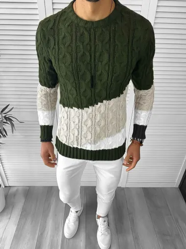 Pulover barbati gros kaki slim fit T3612 P20-5.1