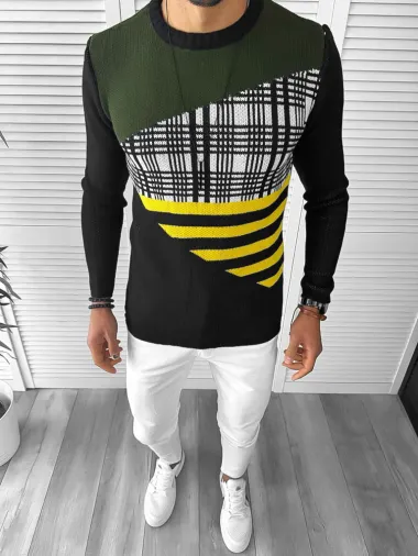 Pulover barbati gros slim fit kaki T3825 S3