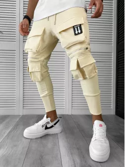 Pantaloni de trening cargo, bej , conici Y090 19-4