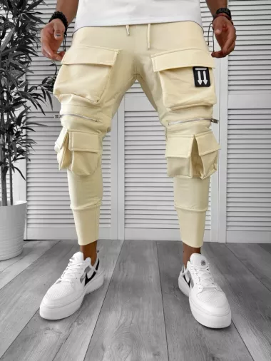Pantaloni de trening cargo, bej , conici Y090 19-4