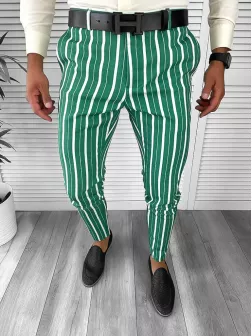 Pantaloni barbati eleganti verzi in dungi B1772 B15-3.1