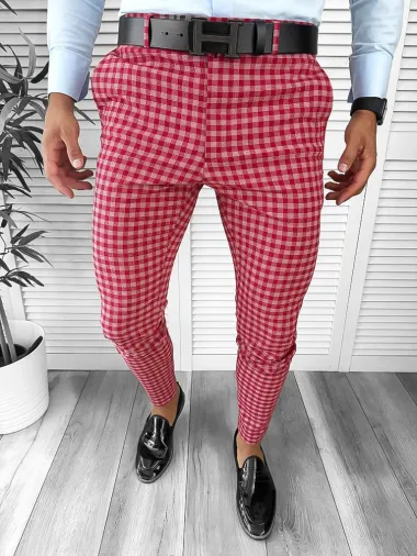 Pantaloni barbati eleganti rosii in carouri B1855 U3