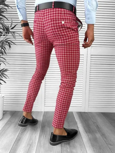 Pantaloni barbati eleganti rosii in carouri B1855 U3