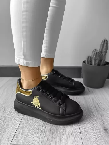 Adidasi dama casual negri cu imprimeu auriu FCL805 T6-2