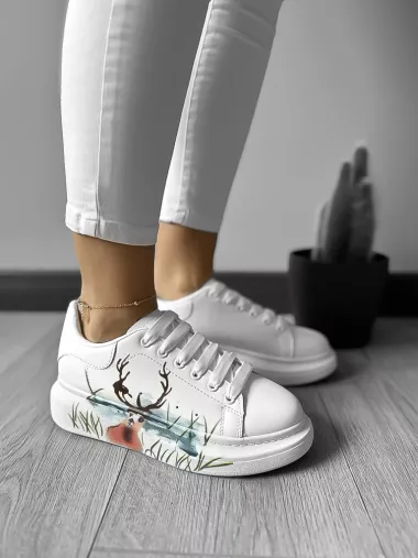 Adidasi dama casual albi cu imprimeu FCL8031 N11-1