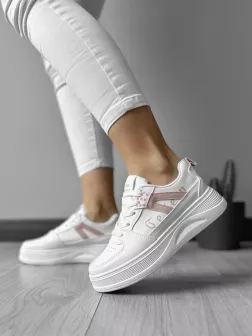 Adidasi dama casual cu talpa inalta, albi cu roz CL2331 T13-3