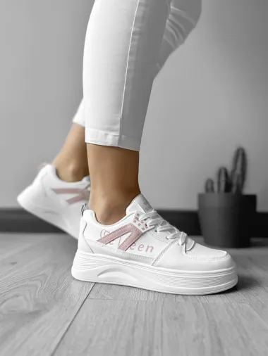 Adidasi dama casual cu talpa inalta, albi cu roz CL2331 T13-3