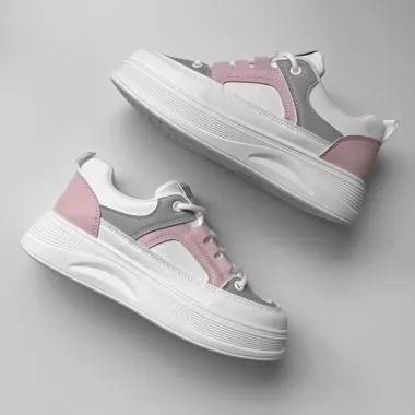 Adidasi dama casual cu talpa inalta, albi cu roz CL2309 N6-3