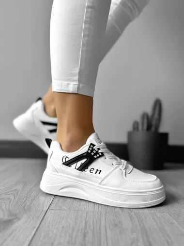 Adidasi dama casual cu talpa inalta, albi cu negru CL2331 T13-3