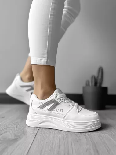 Adidasi dama casual cu talpa inalta, albi cu gri CL2331 T13-3