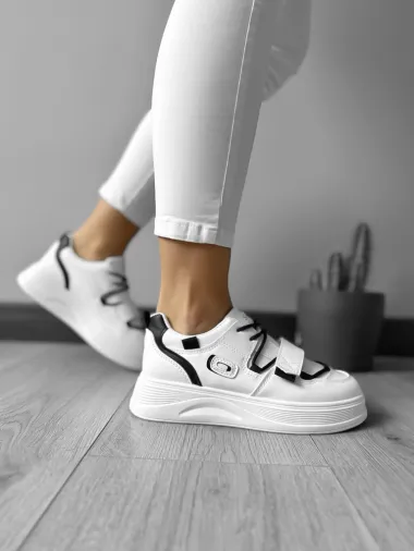 Adidasi dama casual cu talpa inalta, albi cu negru CL2333 T7-1