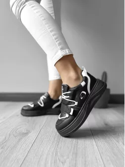 Adidasi dama casual cu talpa inalta, negru cu alb CL2333 T7-1