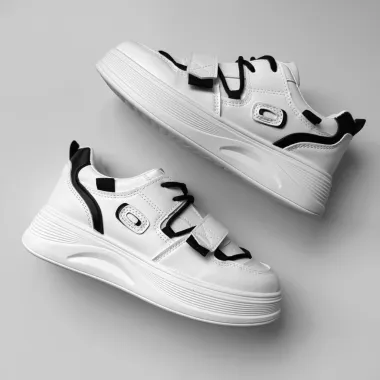 Adidasi dama casual cu talpa inalta, albi cu negru CL2333 T7-1