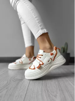 Adidasi dama casual cu talpa inalta, albi cu orange CL2333 T7-1