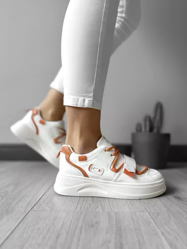 Adidasi dama casual cu talpa inalta, albi cu orange CL2333 T7-1