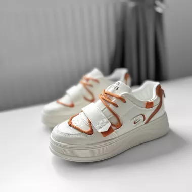 Adidasi dama casual cu talpa inalta, albi cu orange CL2333 T7-1