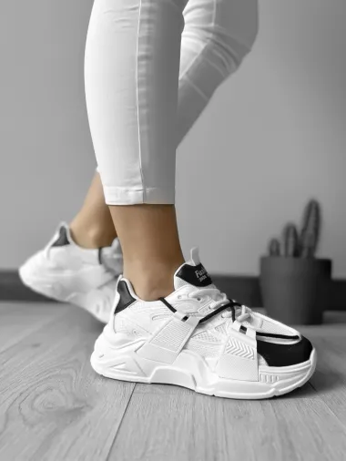 Adidasi dama casual cu talpa inalta, albi cu negru CL2401 T5-4