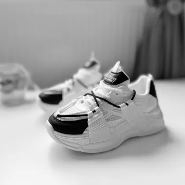 Adidasi dama casual cu talpa inalta, albi cu negru CL2401 T5-4