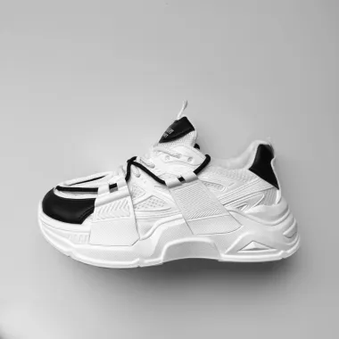 Adidasi dama casual cu talpa inalta, albi cu negru CL2401 T5-4